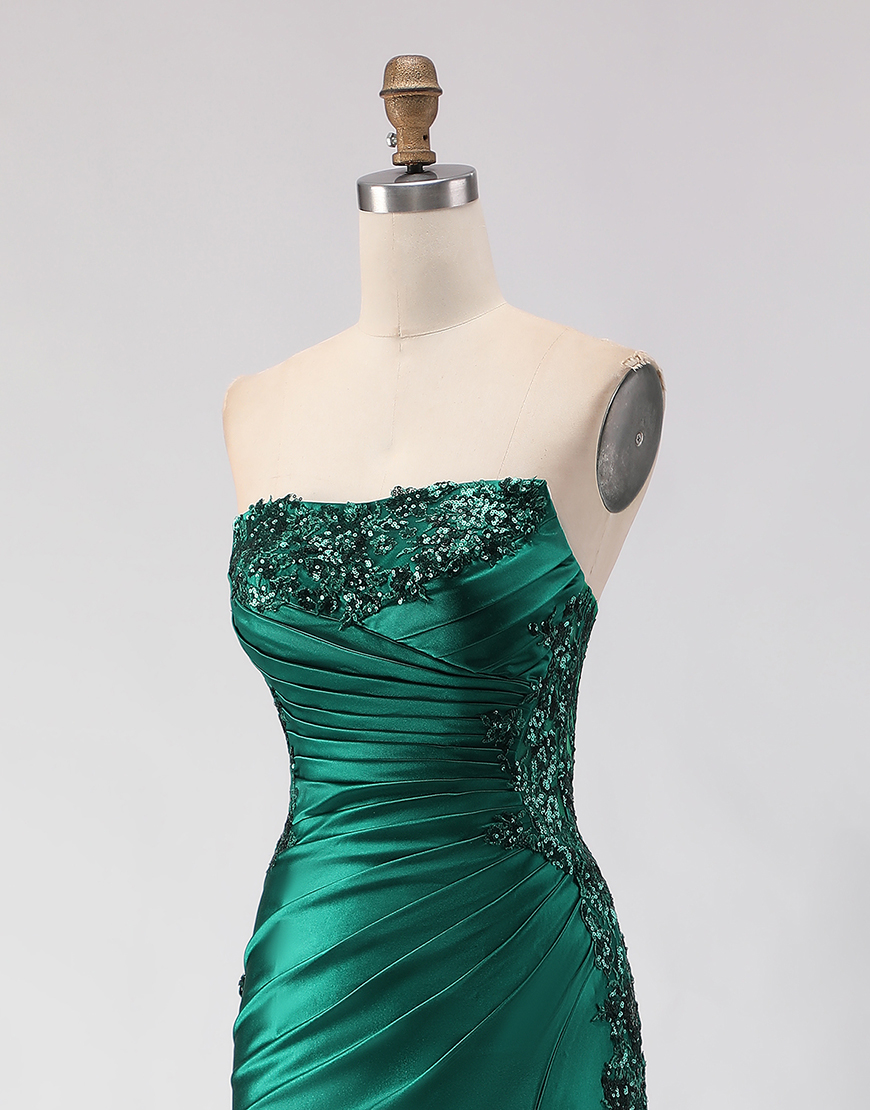 Sparkly Dark Green Mermaid Ruched Long Satin Prom Dress with Slit