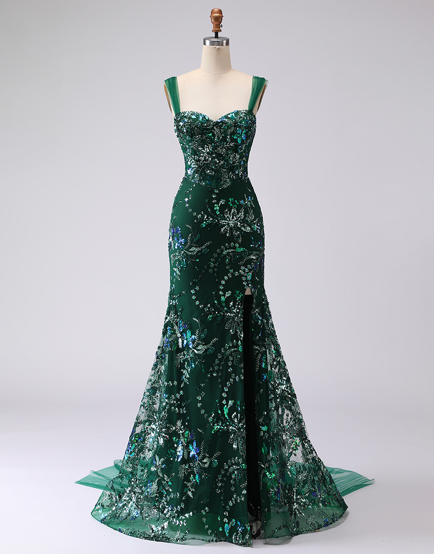 Sparkly Dark Green Floral Sequins Mermaid Long Prom Dress with Slit
