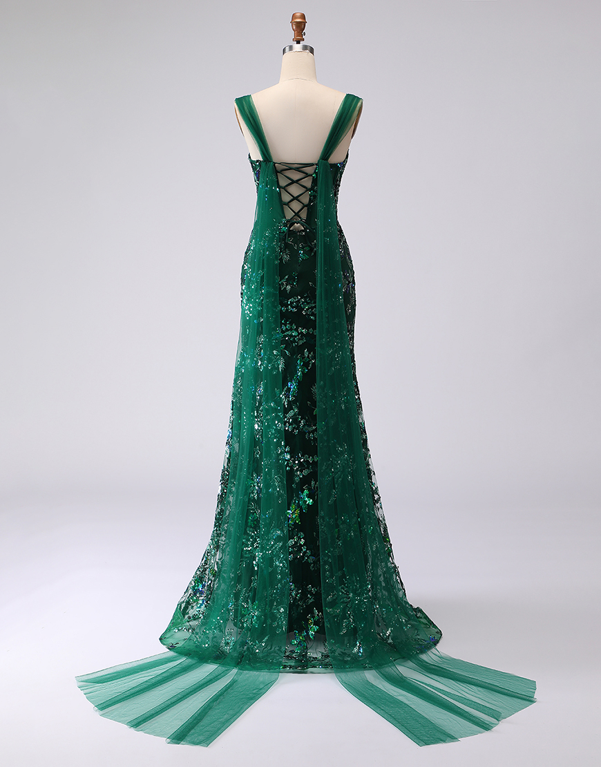 Sparkly Dark Green Floral Sequins Mermaid Long Prom Dress with Slit