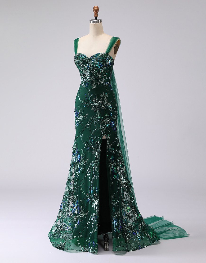 Sparkly Dark Green Floral Sequins Mermaid Long Prom Dress with Slit