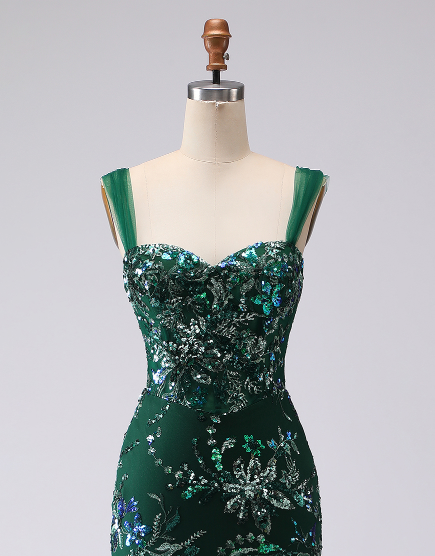 Sparkly Dark Green Floral Sequins Mermaid Long Prom Dress with Slit