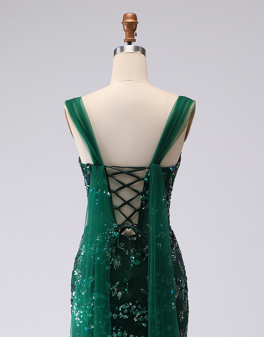 Sparkly Dark Green Floral Sequins Mermaid Long Prom Dress with Slit