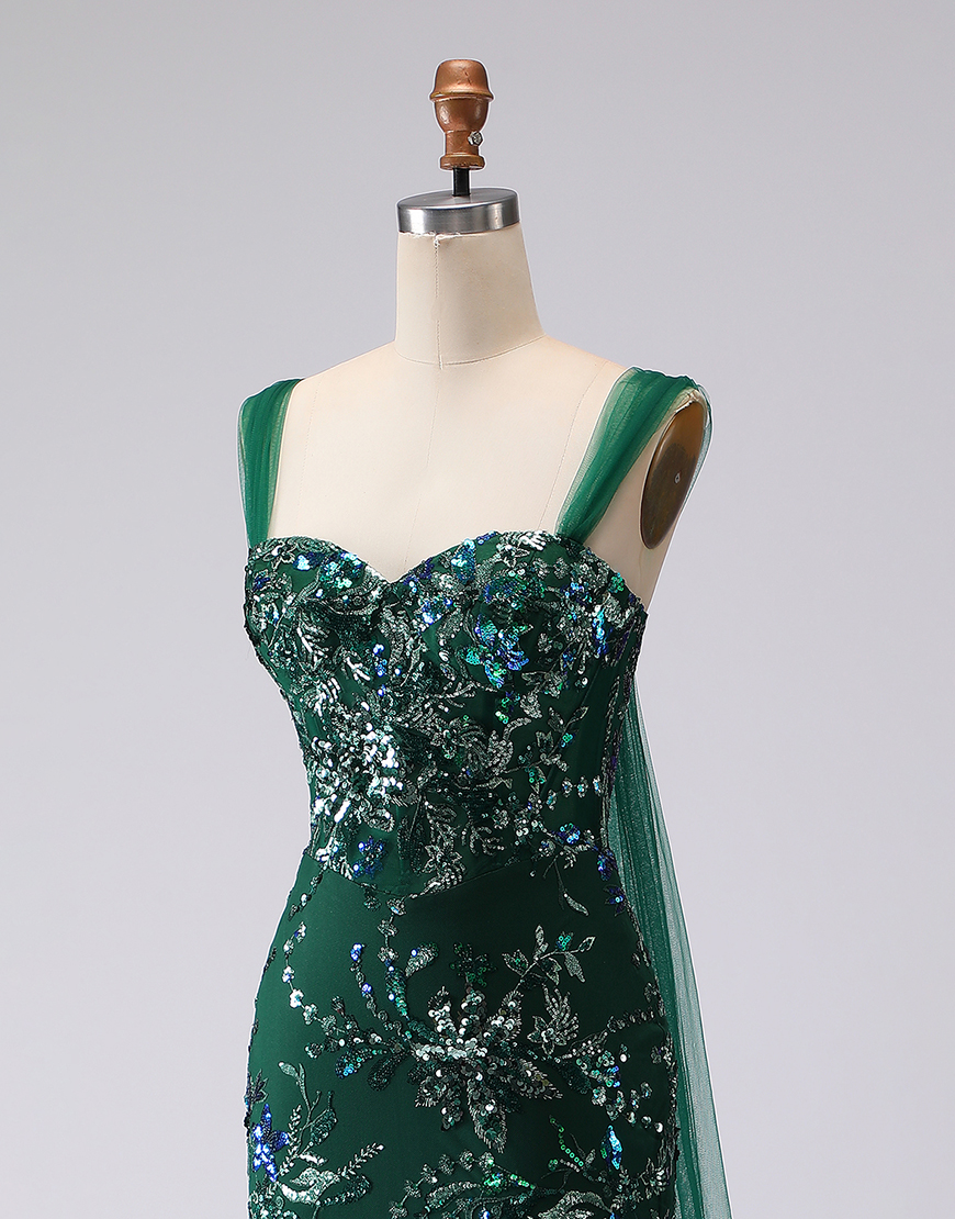 Sparkly Dark Green Floral Sequins Mermaid Long Prom Dress with Slit