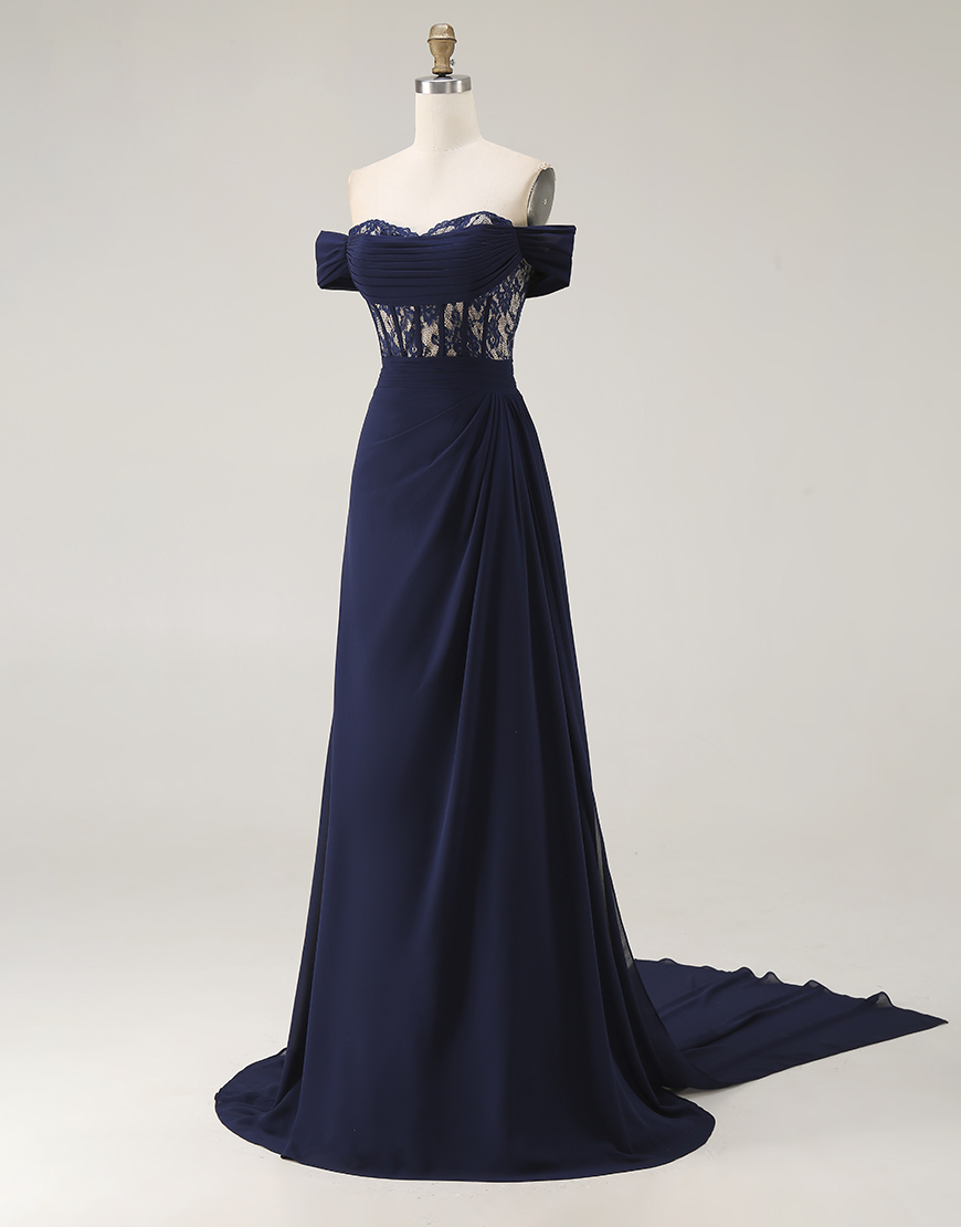 Navy Corset Satin Ruched Off the Shoulder A-Line Long Prom Dress