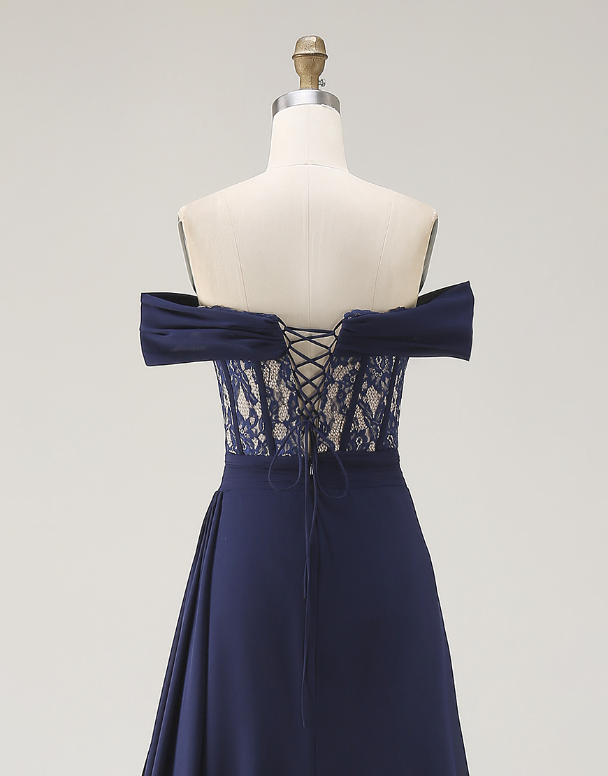 Navy Corset Satin Ruched Off the Shoulder A-Line Long Prom Dress