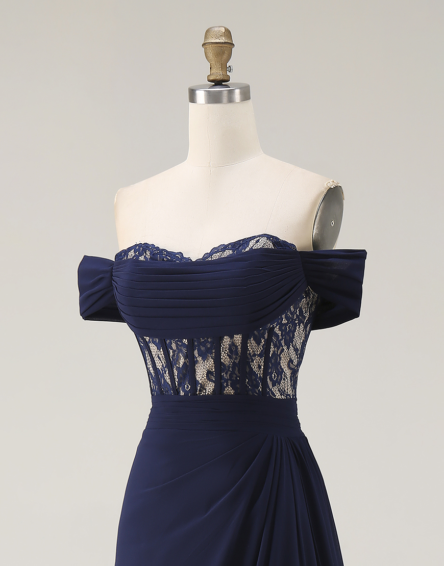 Navy Corset Satin Ruched Off the Shoulder A-Line Long Prom Dress