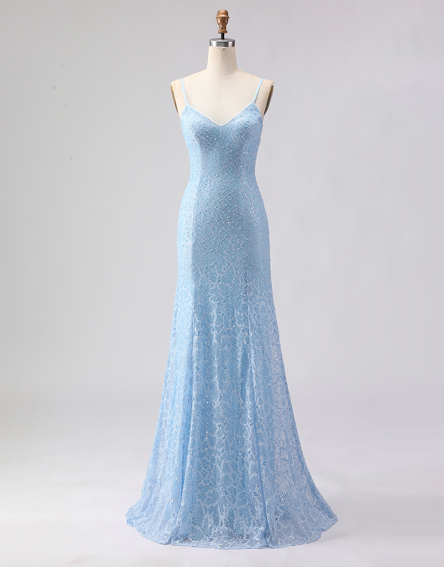 Berlinnova Women Sparkly Sky Blue Long Beaded Prom Dress Spaghetti Straps Sheath Criss Cross Back Pageant Dress