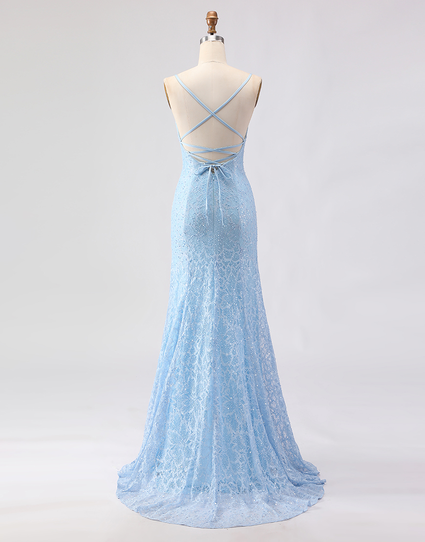 Sparkly Sky Blue Beaded Long Spaghetti Straps Prom Dress