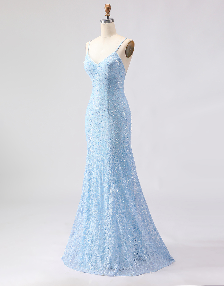 Sparkly Sky Blue Beaded Long Spaghetti Straps Prom Dress