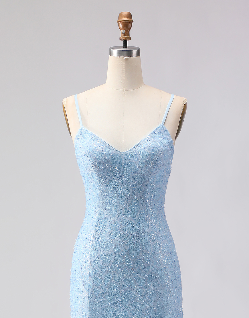 Sparkly Sky Blue Beaded Long Spaghetti Straps Prom Dress