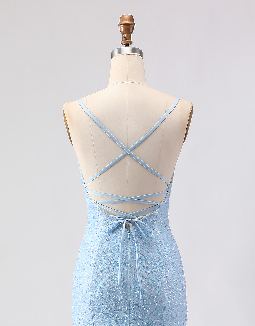 Sparkly Sky Blue Beaded Long Spaghetti Straps Prom Dress