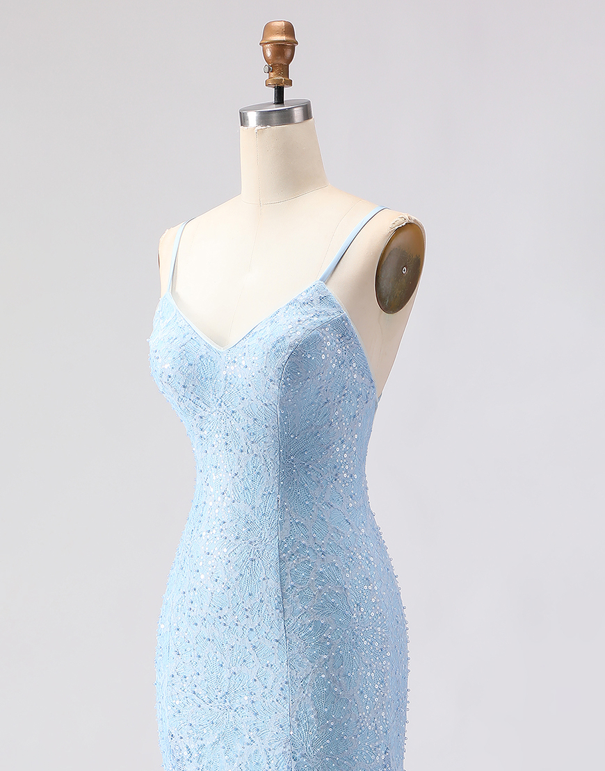 Sparkly Sky Blue Beaded Long Spaghetti Straps Prom Dress