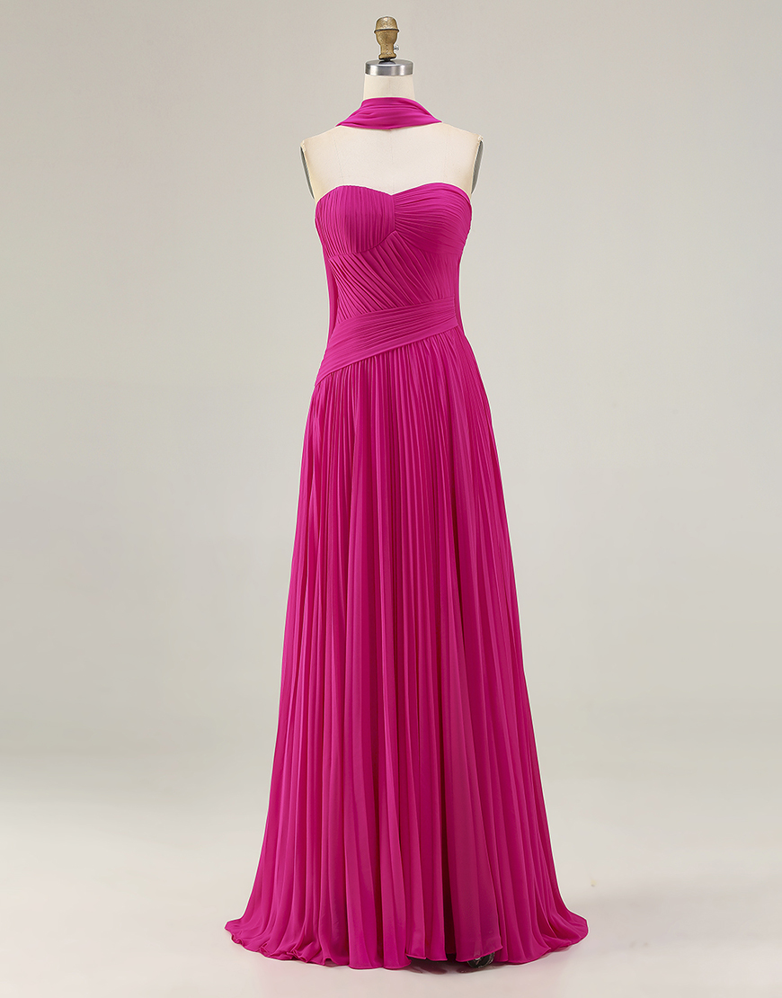 Fuchsia A Line Strapless Pleated Neck Scarf Long Prom Dress