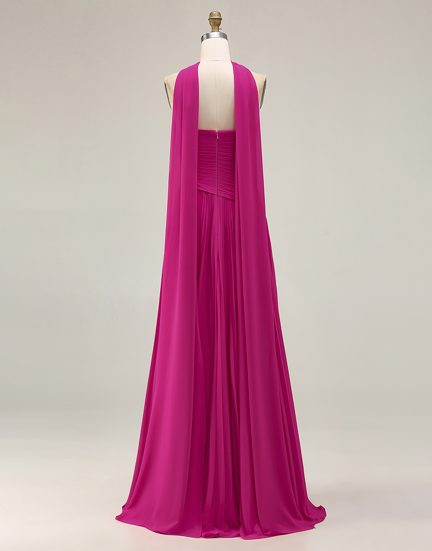 Fuchsia A Line Strapless Pleated Neck Scarf Long Prom Dress