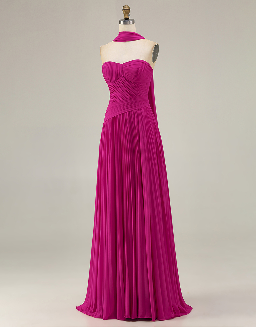 Fuchsia A Line Strapless Pleated Neck Scarf Long Prom Dress