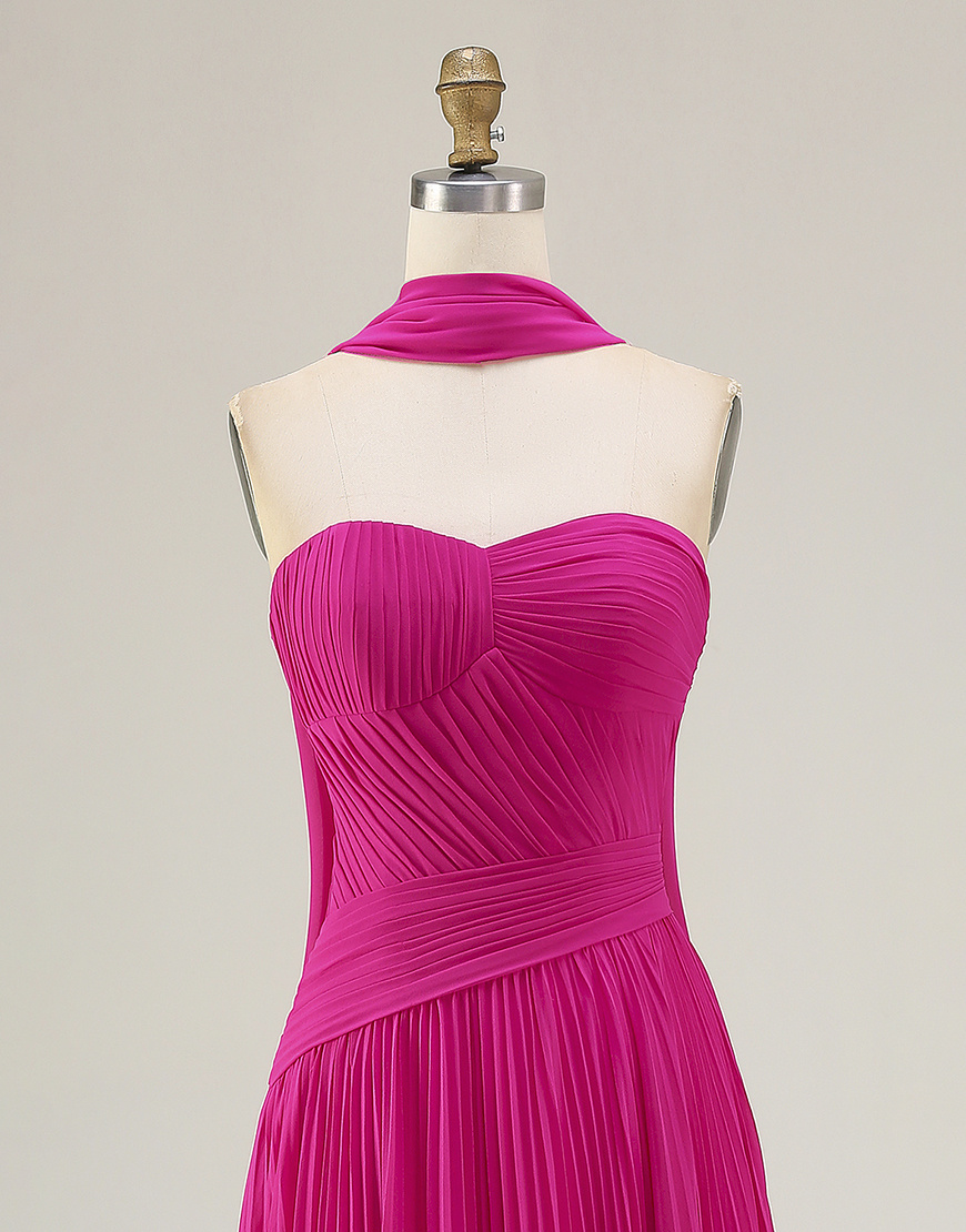 Fuchsia A Line Strapless Pleated Neck Scarf Long Prom Dress