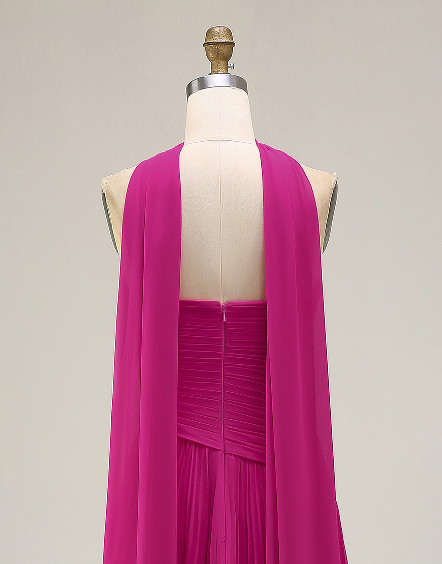 Fuchsia A Line Strapless Pleated Neck Scarf Long Prom Dress