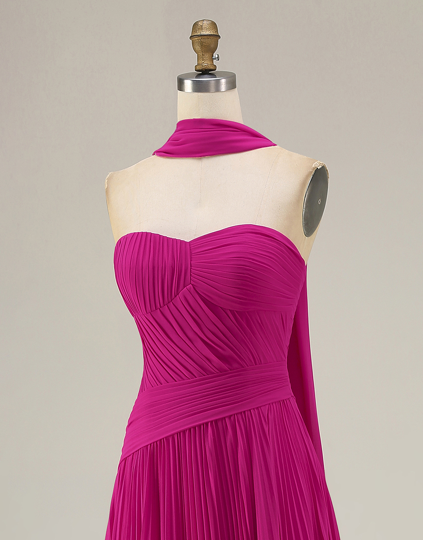 Fuchsia A Line Strapless Pleated Neck Scarf Long Prom Dress