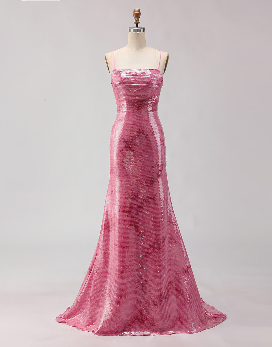 Sparkly Pink Sequins Spaghetti Straps Mermaid Long Prom Dress