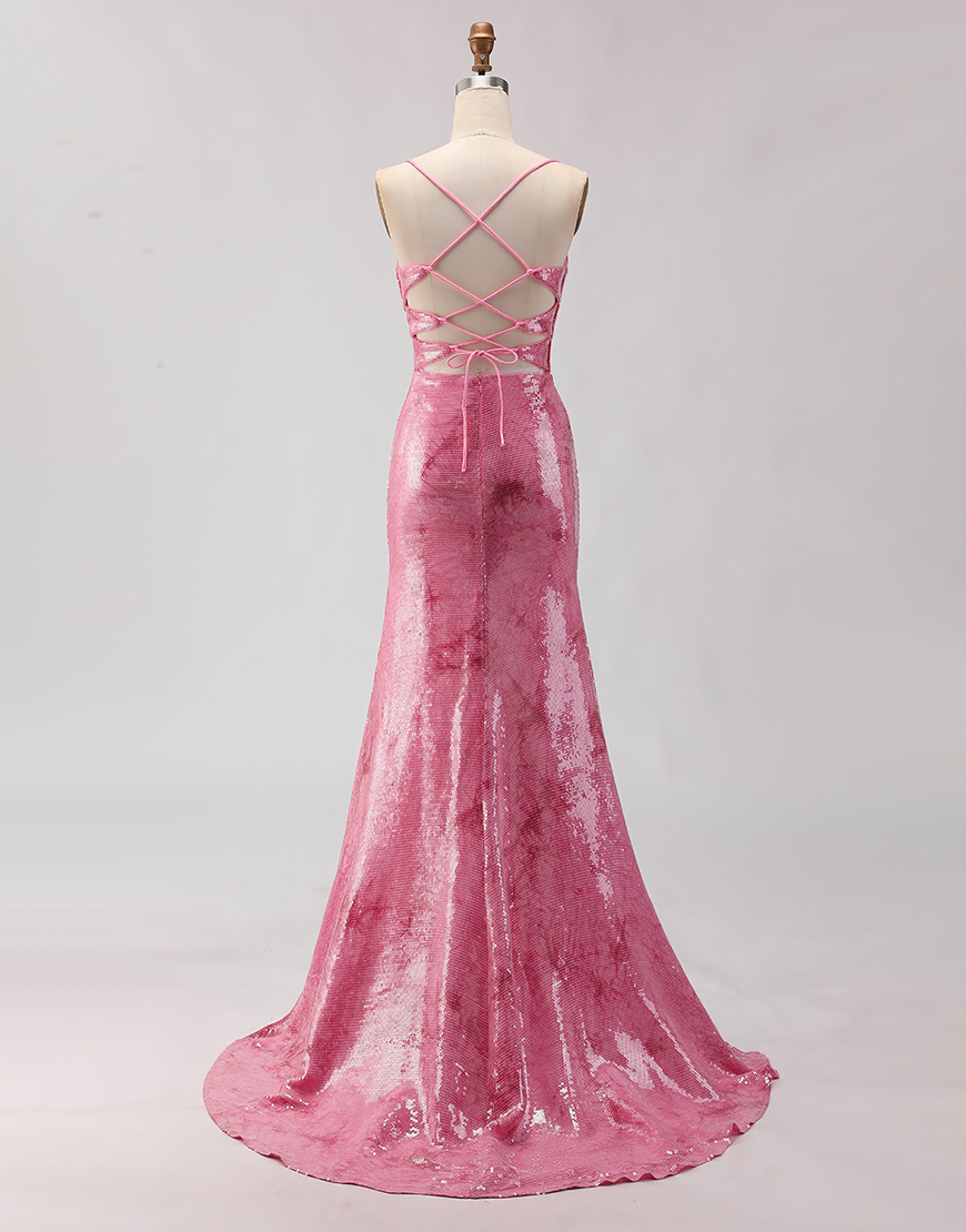 Sparkly Pink Sequins Spaghetti Straps Mermaid Long Prom Dress
