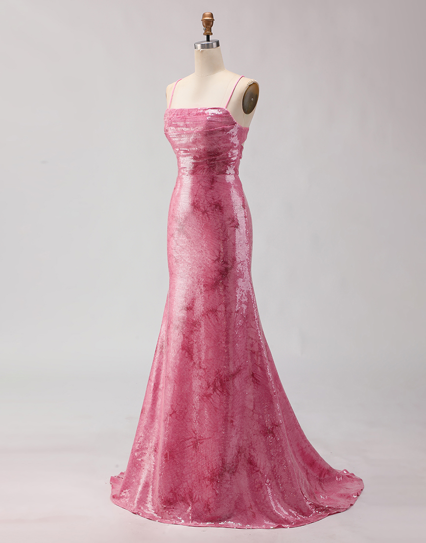 Sparkly Pink Sequins Spaghetti Straps Mermaid Long Prom Dress