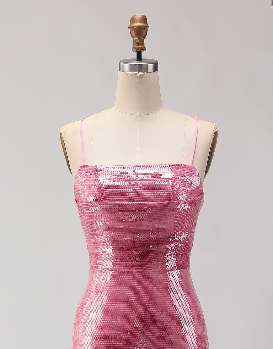 Sparkly Pink Sequins Spaghetti Straps Mermaid Long Prom Dress