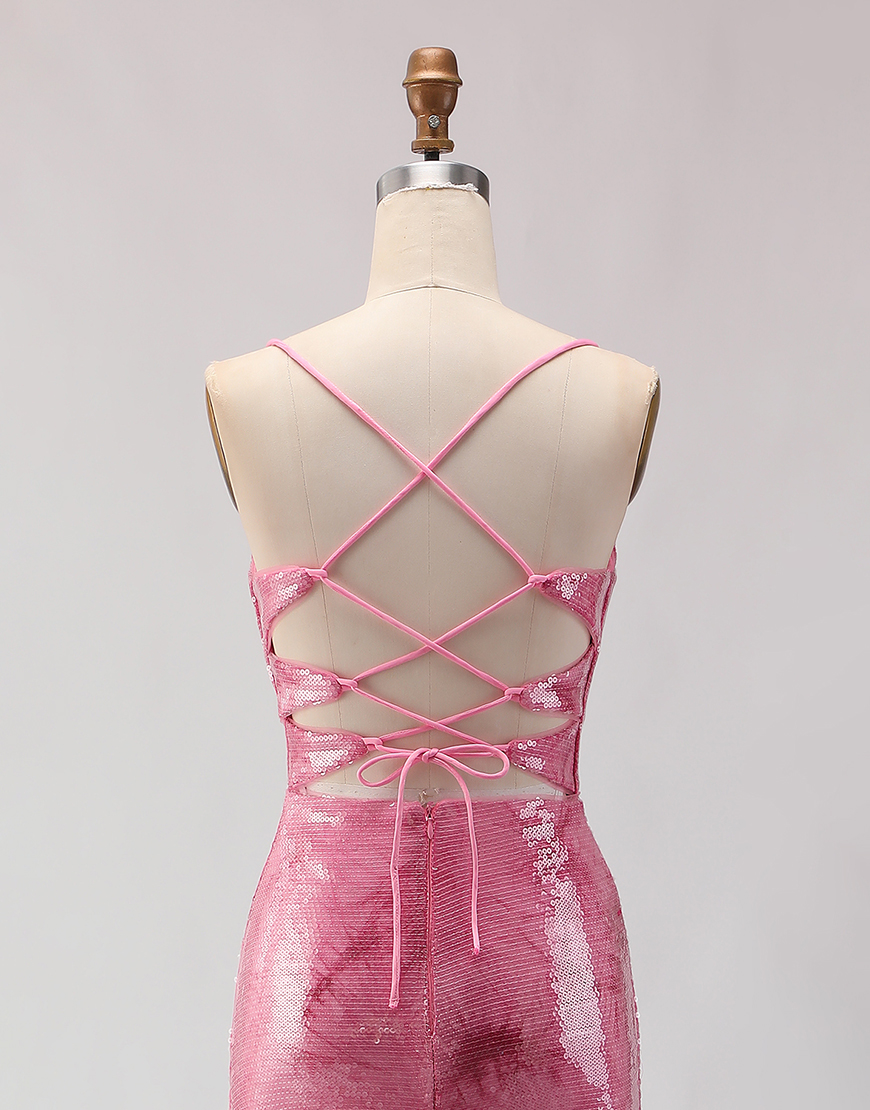 Sparkly Pink Sequins Spaghetti Straps Mermaid Long Prom Dress