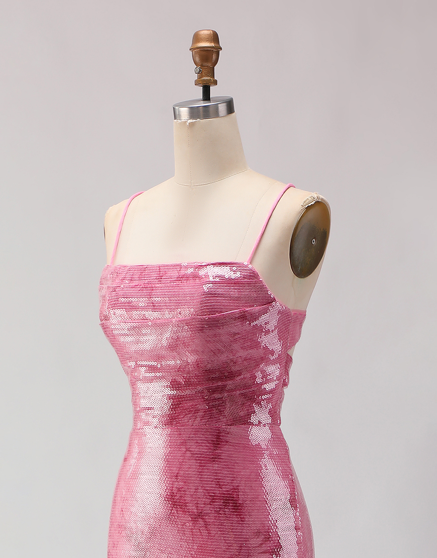 Sparkly Pink Sequins Spaghetti Straps Mermaid Long Prom Dress