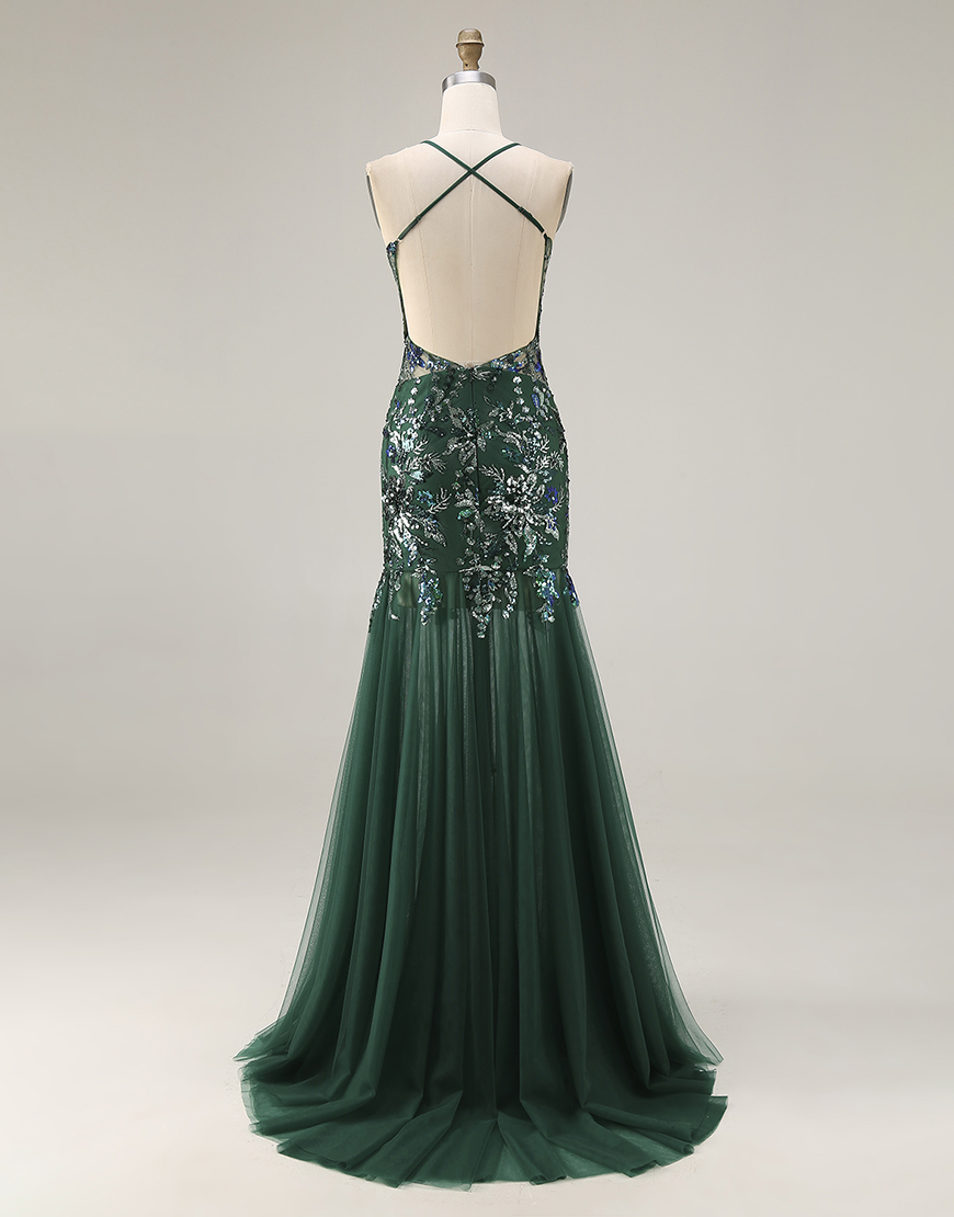 Sparkly Dark Green Sequin Mermaid Floral Tulle Long Prom Dress