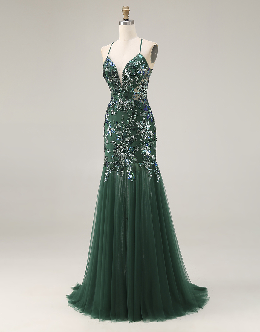 Sparkly Dark Green Sequin Mermaid Floral Tulle Long Prom Dress
