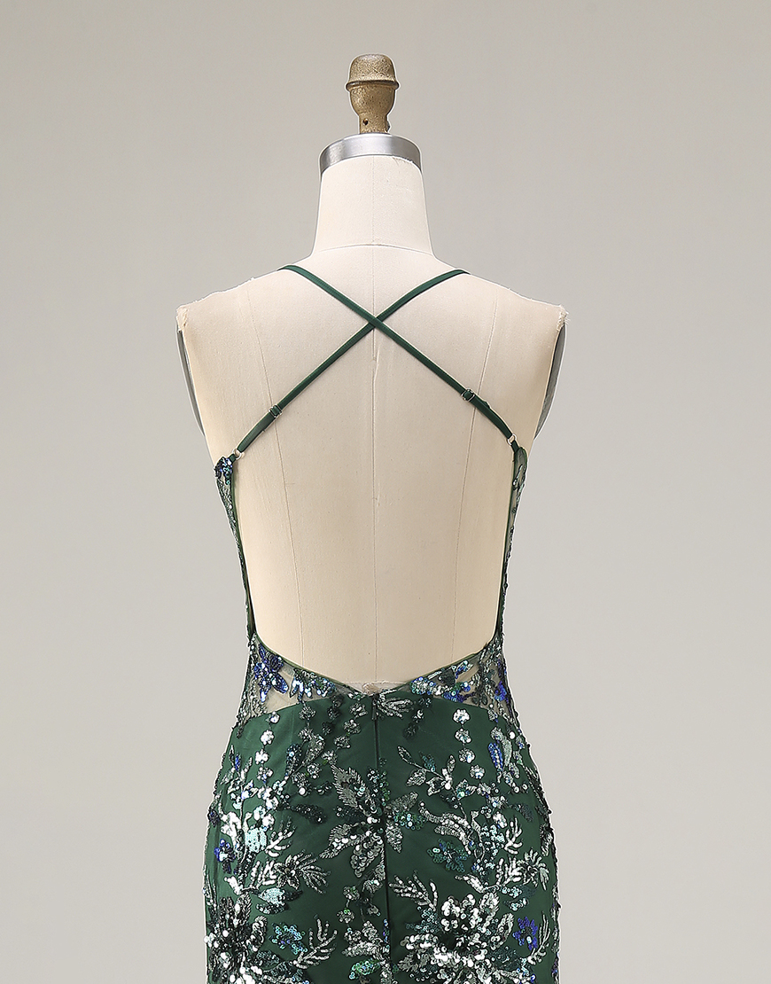 Sparkly Dark Green Sequin Mermaid Floral Tulle Long Prom Dress