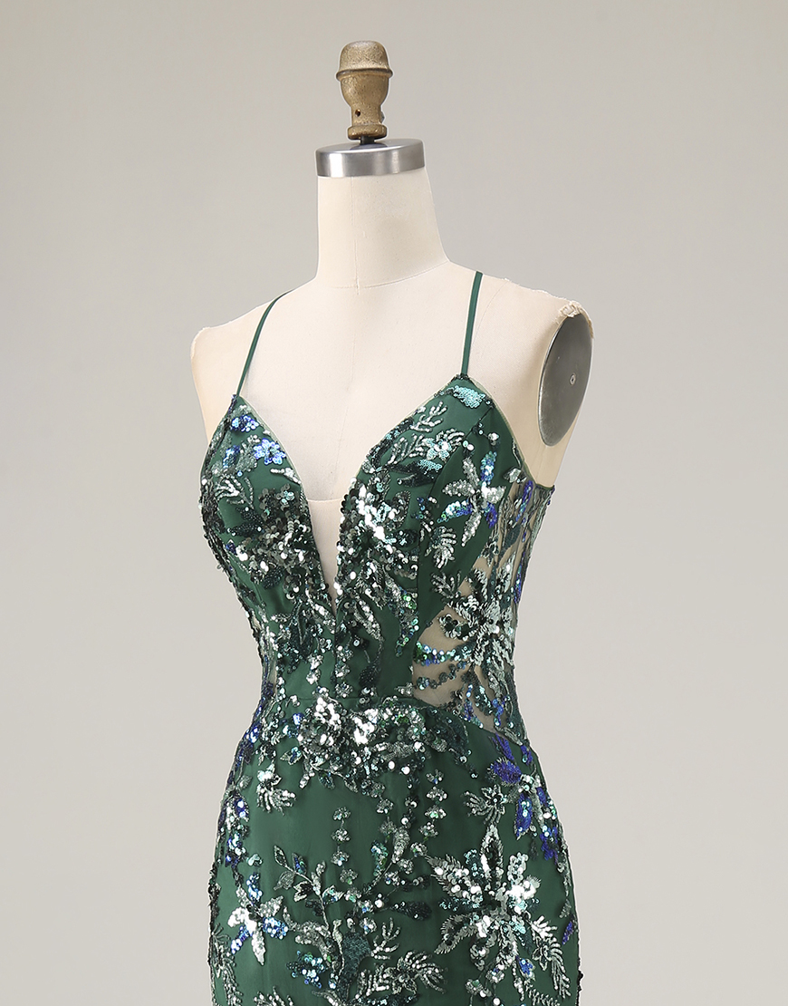 Sparkly Dark Green Sequin Mermaid Floral Tulle Long Prom Dress