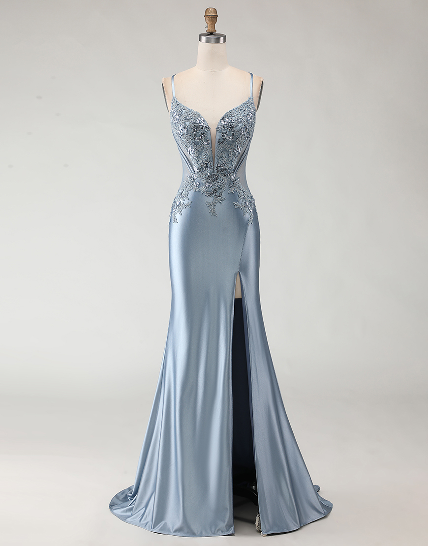 Berlinnova Women Sparkly Grey Blue Long Satin Prom Dress with Slit Mermaid Spaghetti Straps Appliqued Gala Dress with Sequin