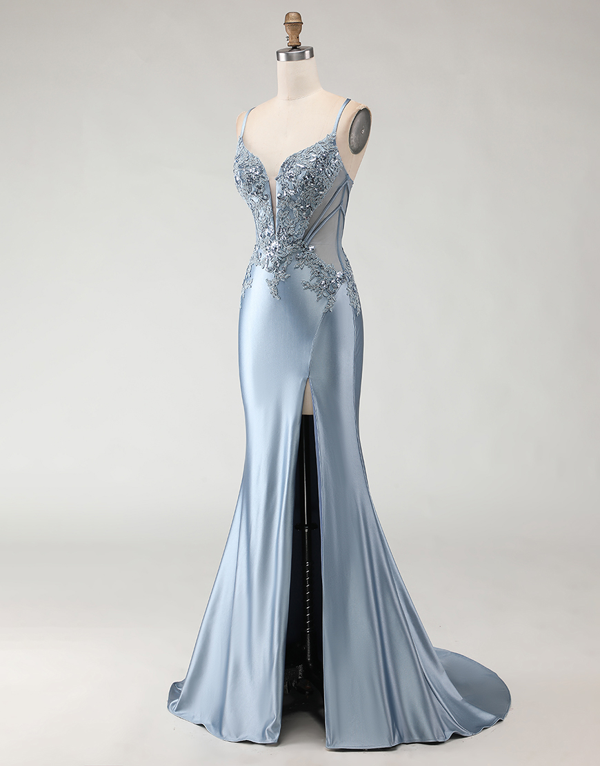 Sparkly Grey Blue Mermaid Sequined Long Prom Dress with Slit