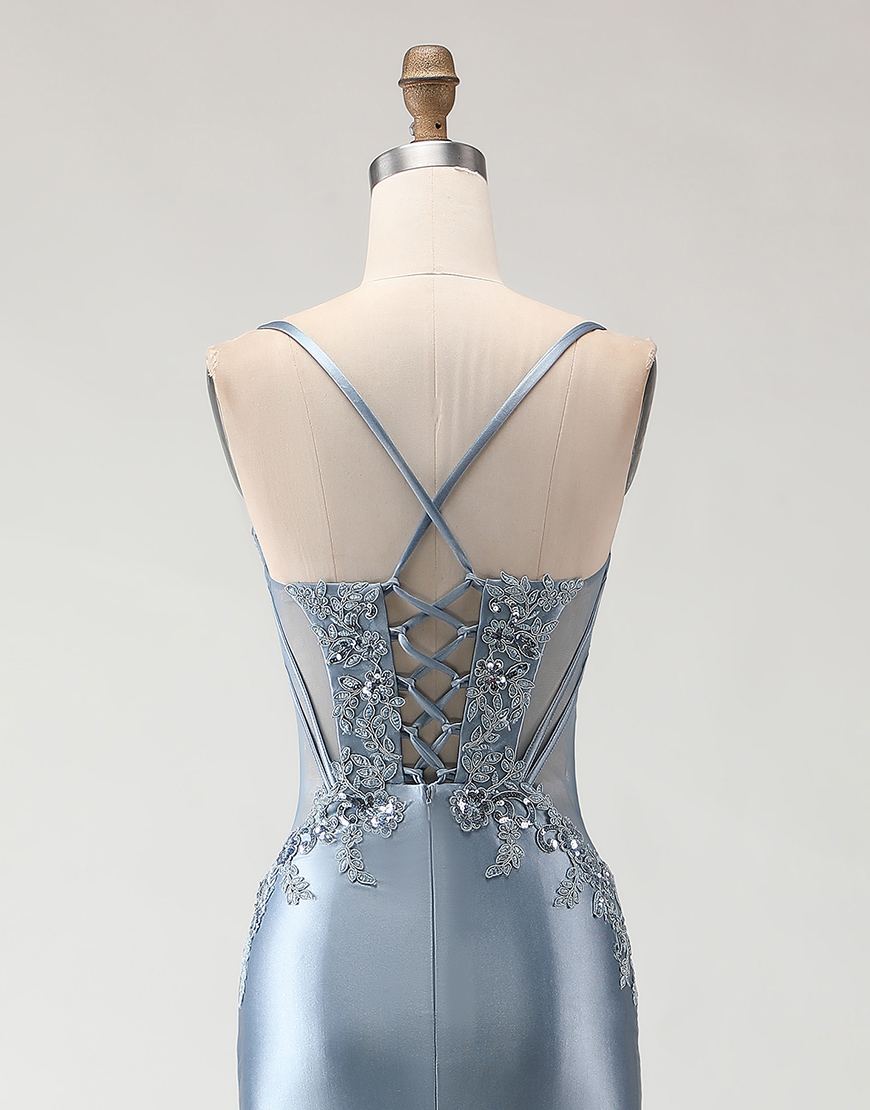 Sparkly Grey Blue Mermaid Sequined Long Prom Dress with Slit