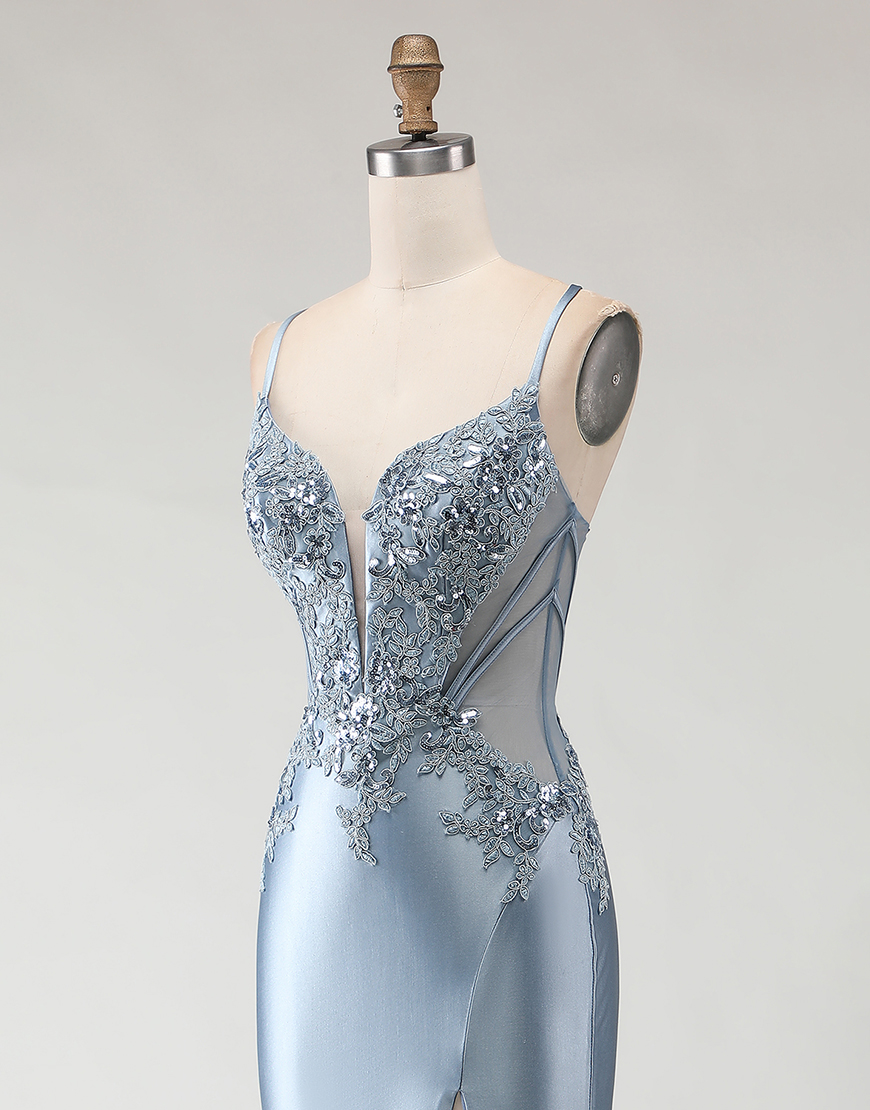 Sparkly Grey Blue Mermaid Sequined Long Prom Dress with Slit