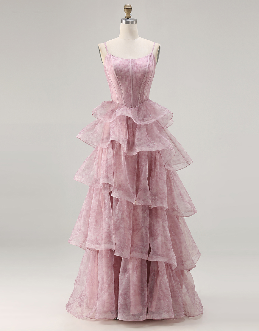 Dusty Rose Corset Tiered Long A Line Prom  Dress with Ruffles