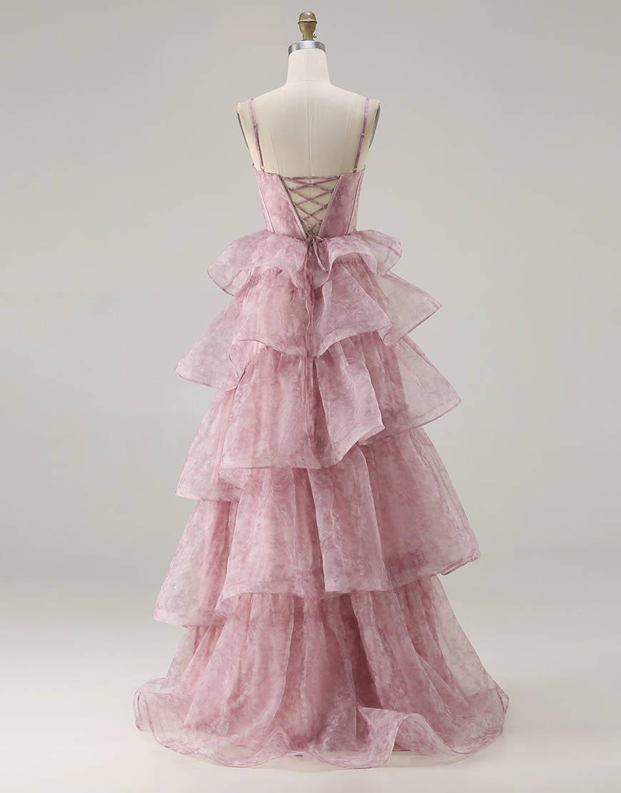 Dusty Rose Corset Tiered Long A Line Prom  Dress with Ruffles