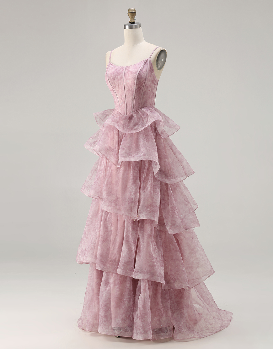 Dusty Rose Corset Tiered Long A Line Prom  Dress with Ruffles