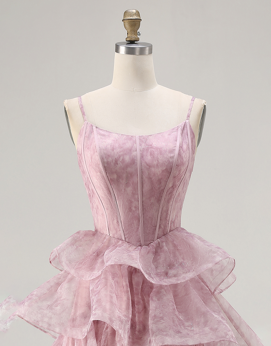 Dusty Rose Corset Tiered Long A Line Prom  Dress with Ruffles