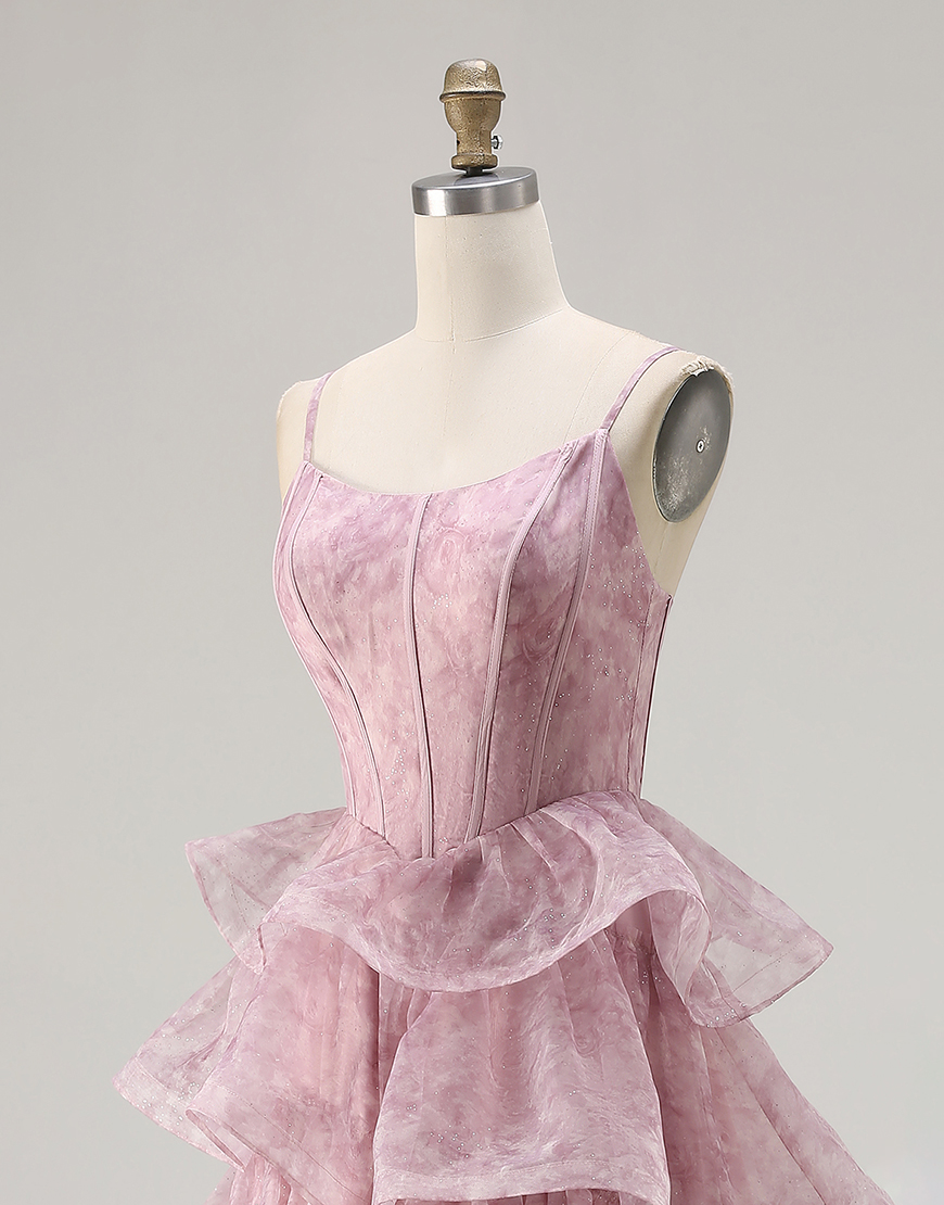 Dusty Rose Corset Tiered Long A Line Prom  Dress with Ruffles