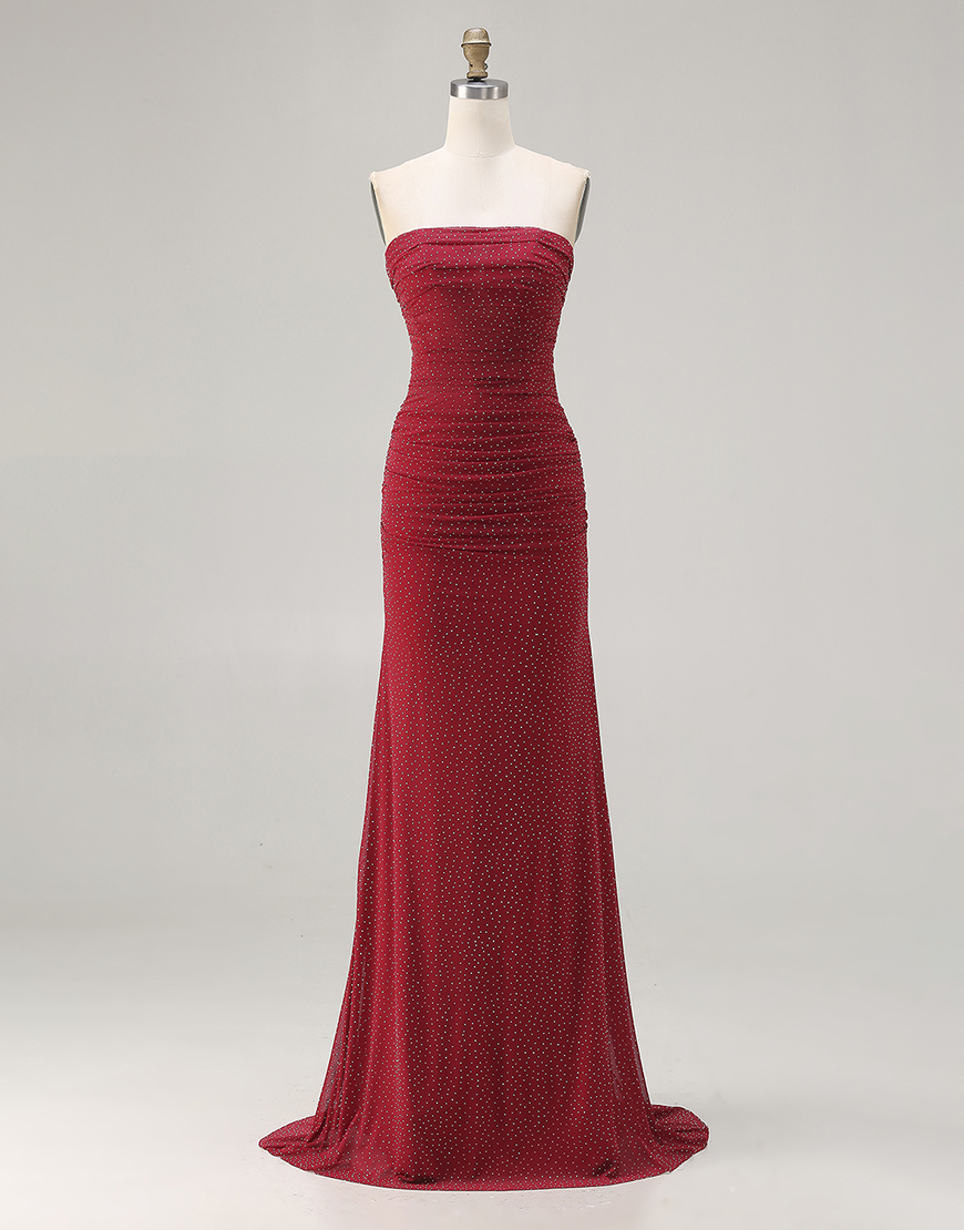 Sparkly Red Beaded Polka Dots Strapless Long Prom Dress