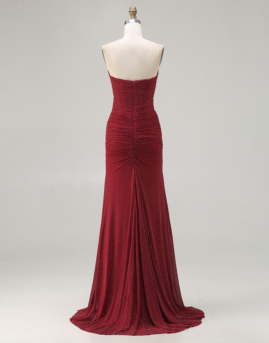 Sparkly Red Beaded Polka Dots Strapless Long Prom Dress