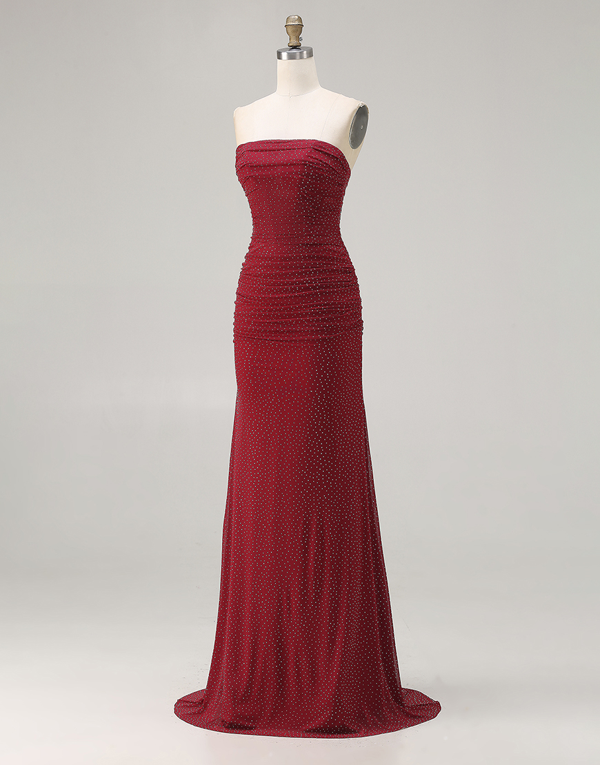 Sparkly Red Beaded Polka Dots Strapless Long Prom Dress