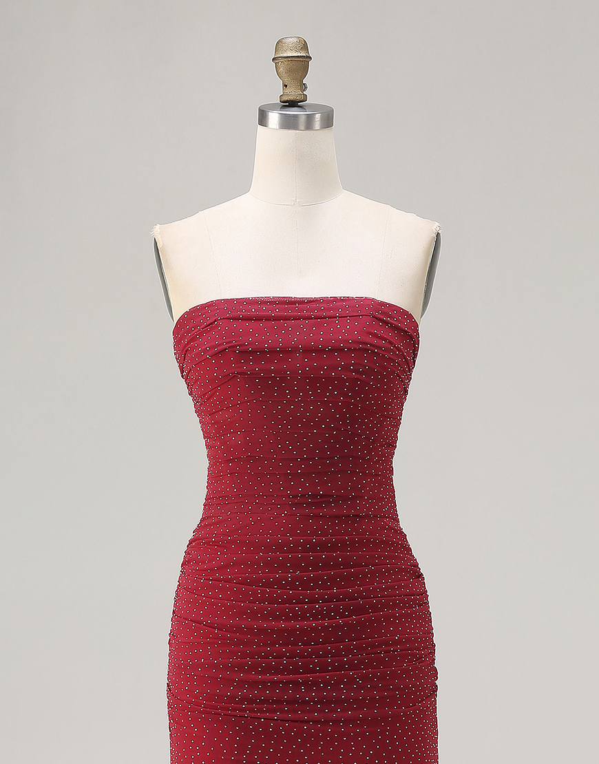 Sparkly Red Beaded Polka Dots Strapless Long Prom Dress