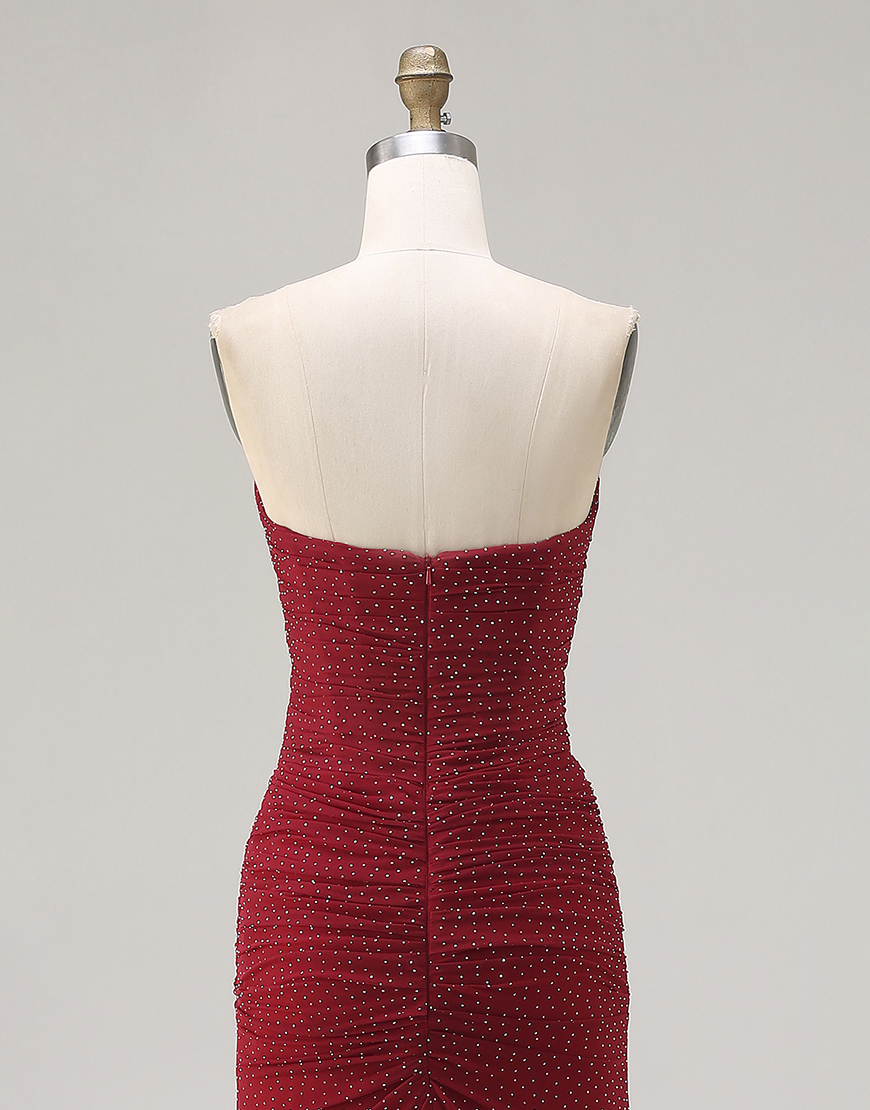 Sparkly Red Beaded Polka Dots Strapless Long Prom Dress