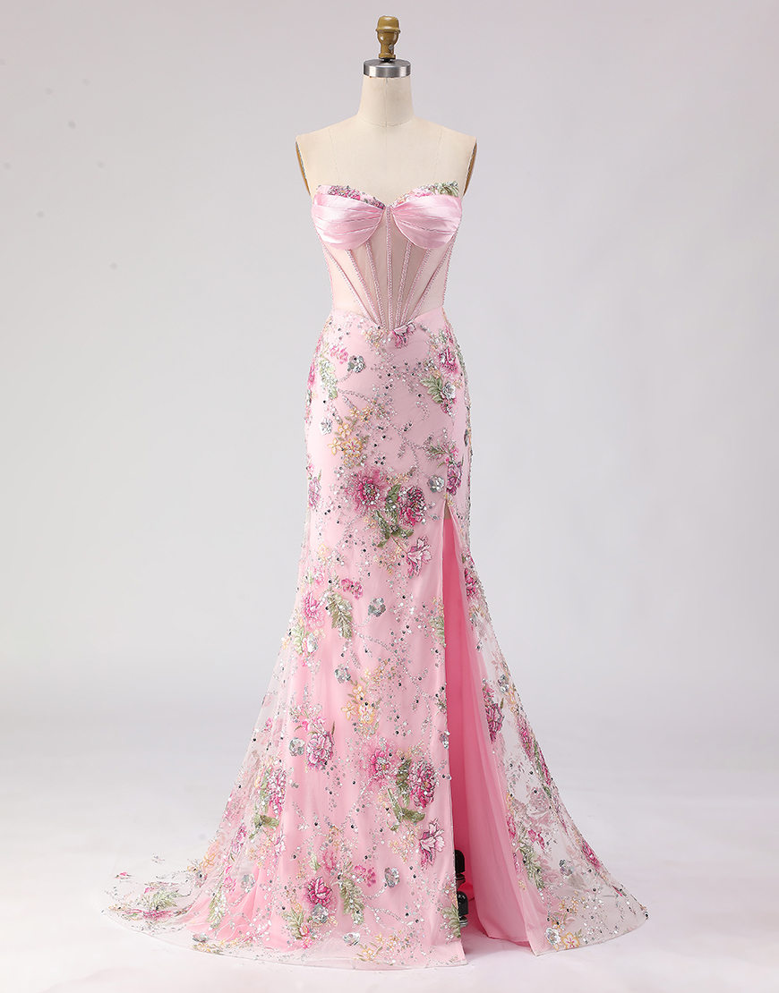 Sparkly Pink Sequins Beaded Corset Long Mermaid Prom Dress with Slit