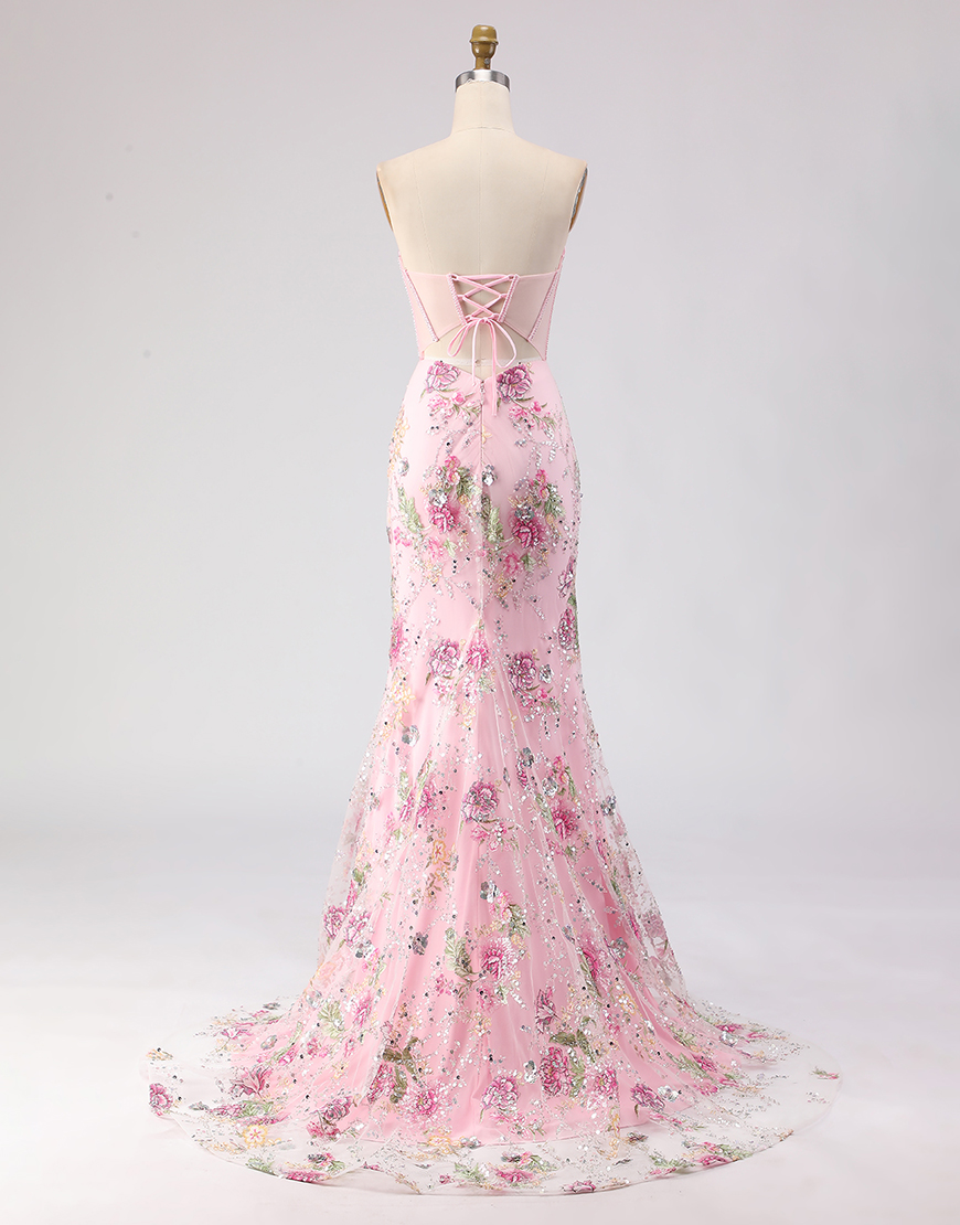 Sparkly Pink Sequins Beaded Corset Long Mermaid Prom Dress with Slit