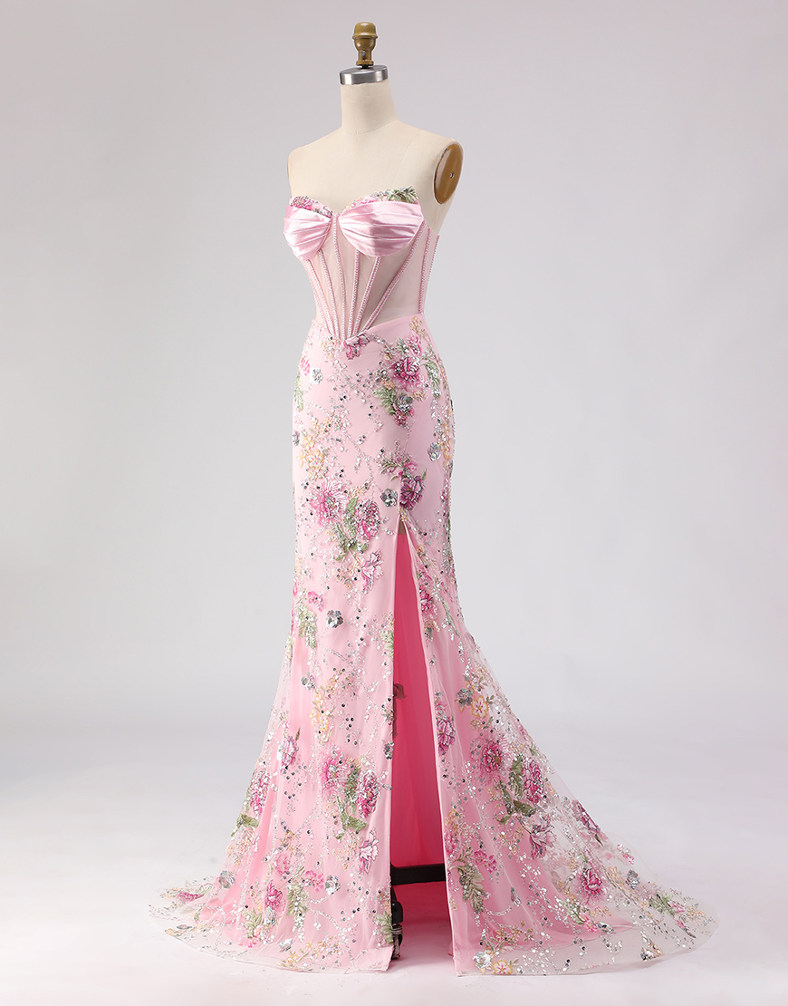 Sparkly Pink Sequins Beaded Corset Long Mermaid Prom Dress with Slit