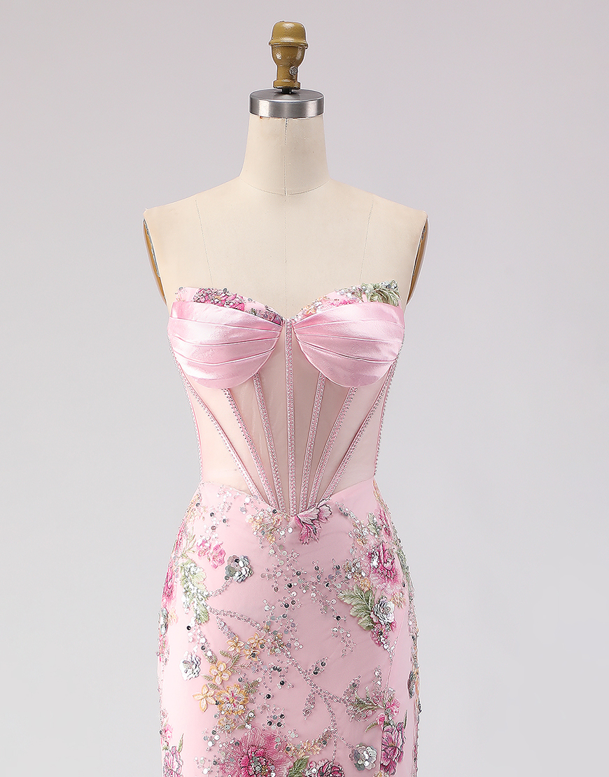 Sparkly Pink Sequins Beaded Corset Long Mermaid Prom Dress with Slit